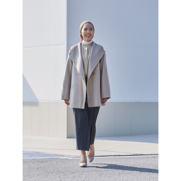 UNIQLO Women's Beige Wool Blend Oversized Collar Coat XL - Picture 2 of 13